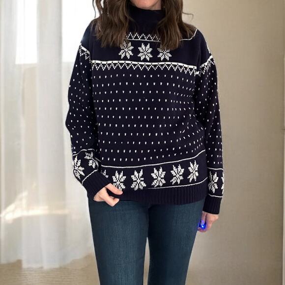 Vintage Cozy Cabincore Fair Isle Knit Snow Flake Granny Chic Sweater XL Navy - Picture 1 of 6